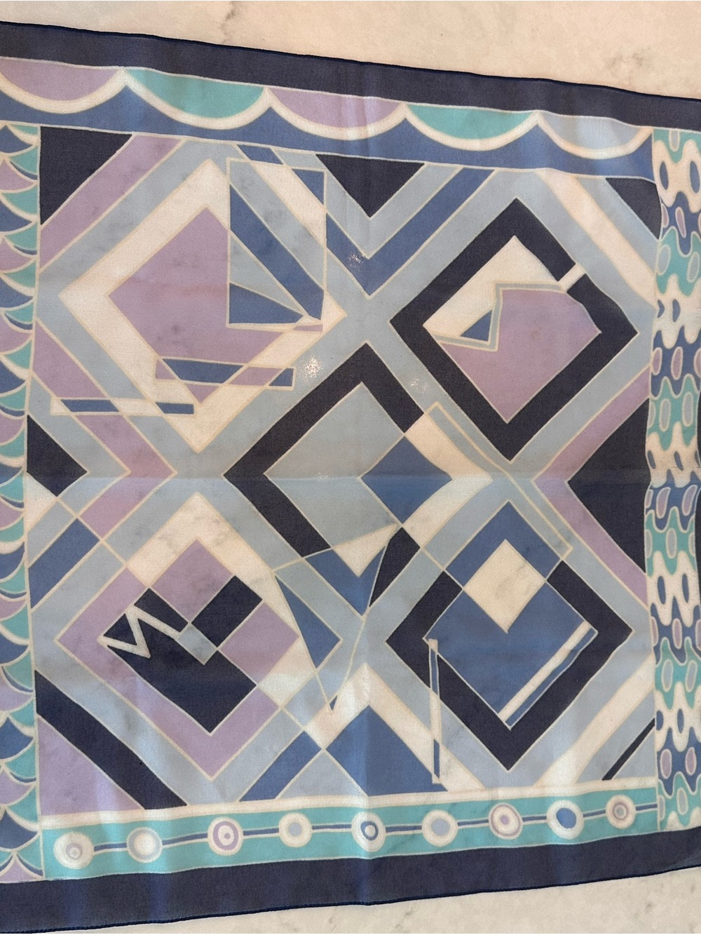 Geometric Silk Scarf in Lavender, Blue, and Cream